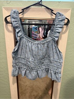 Smocked Ruffle Strap Crop Top - Blue Floral